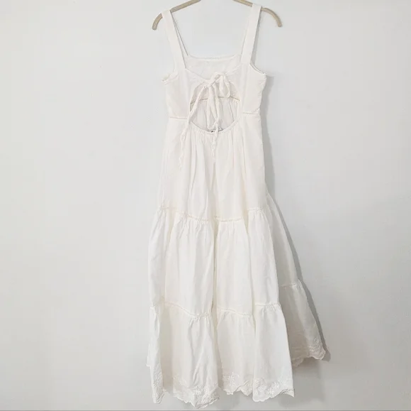 Zara Pintuck Tiered Midi Dress Tie Back Ladder Detail Beige Ecru Small S - Picture 9 of 11